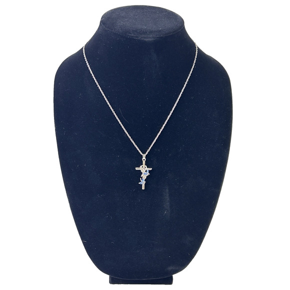 Sterling Silver Bow Cross Pendant Necklace with Blue Gemstones New Open Package - Picture 3 of 7
